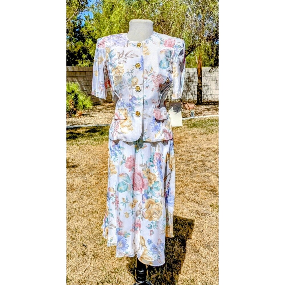 Vintage Stuart Alan Petites 6p Floral Pastel Peplum 2-pc USA made Skirt Set NOS